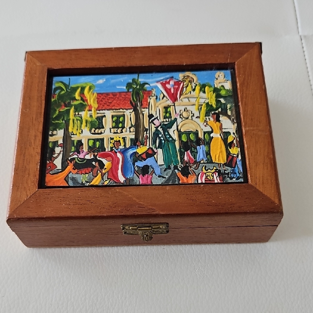Vintage Wooden Decorative Box, Handpainted Impressionist Folk Art